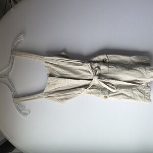 Habitual Linen-Blend Sleeveless Tie-Waist Romper in Light Beige